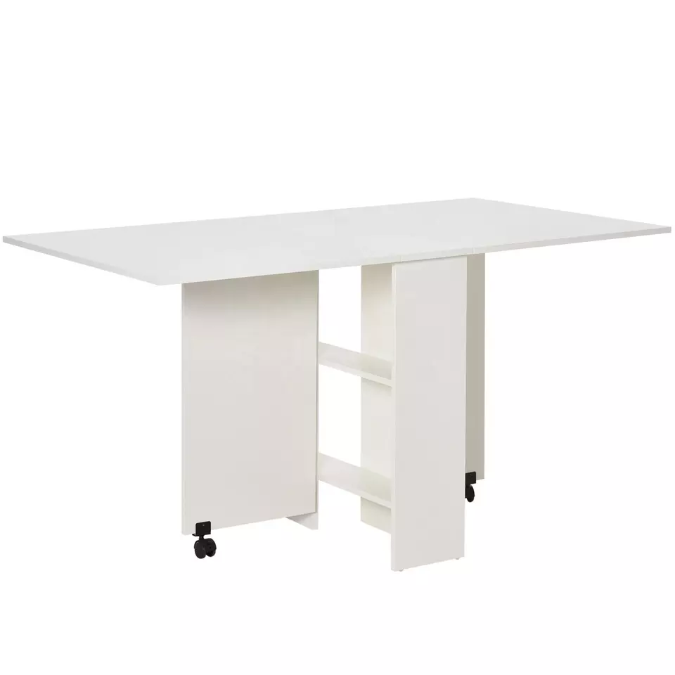 Mesa de comedor móvil con hojas abatibles, escritorio plegable con 2 ruedas, estantes de almacenamiento, color blanco