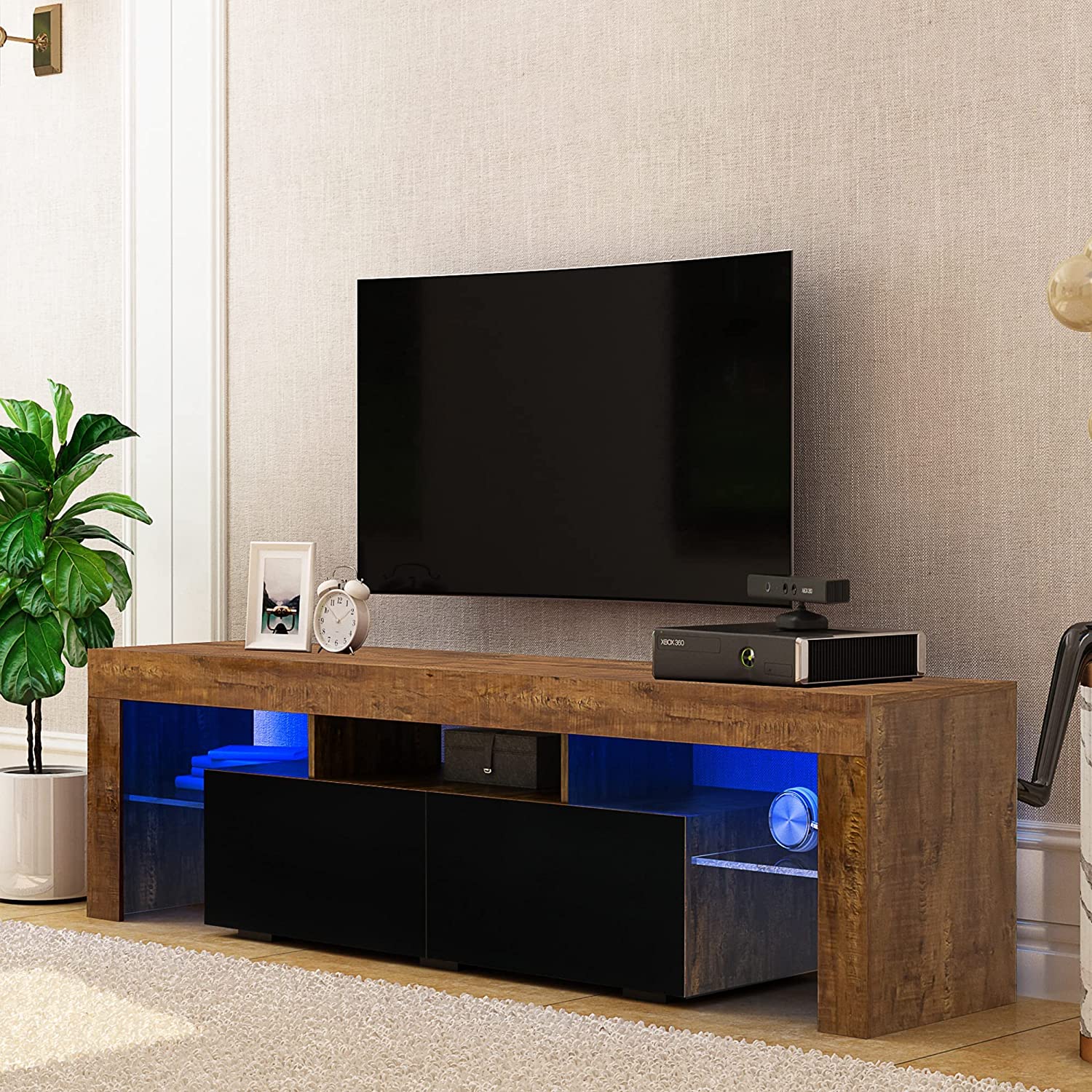 Soporte de TV LED Soportes de televisión de alto brillo Luces LED RGB Soporte de TV rústico de madera TV Gabinete de TV para juegos para sala de estar Dormitorio