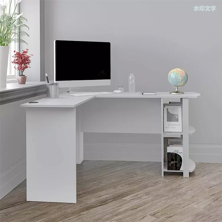 Mesa de ordenador de madera moderna, escritorio de esquina derecho negro en forma de L para oficina en casa, con estanterías