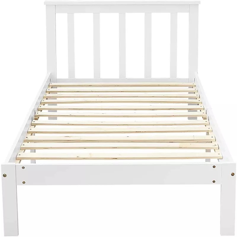 Cama con plataforma de madera blanca con cabecero, pie de cama y soporte de listones de madera
