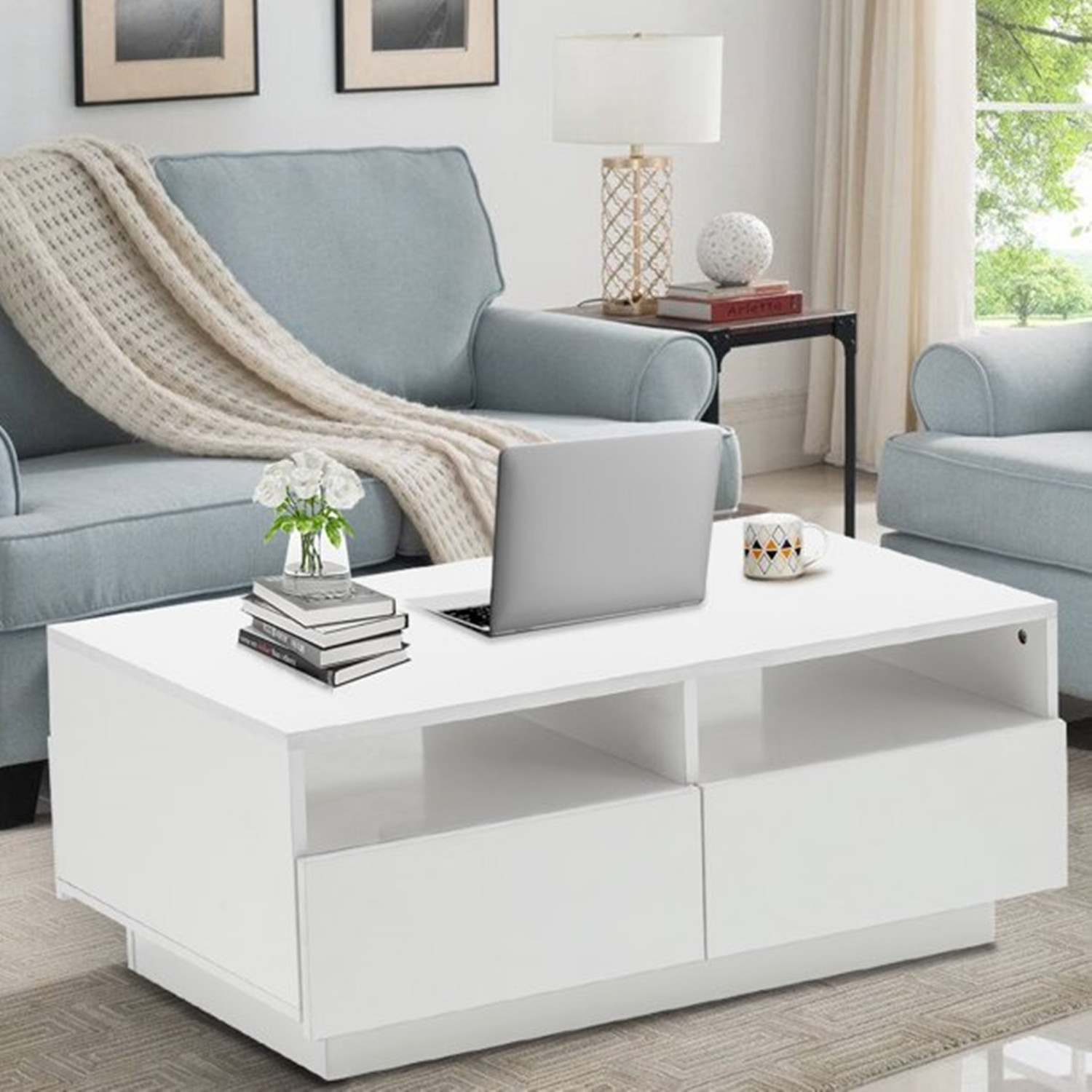 Mesa de centro blanca de alto brillo de estilo europeo con 4 cajones de almacenamiento para sala de estar