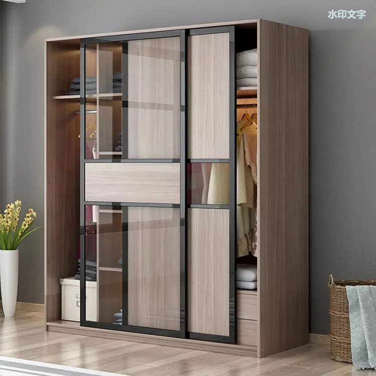 Diseños simples del guardarropa de los armarios de perfil deslizantes del sistema europeo de la esquina de madera de vidrio de 3 puertas